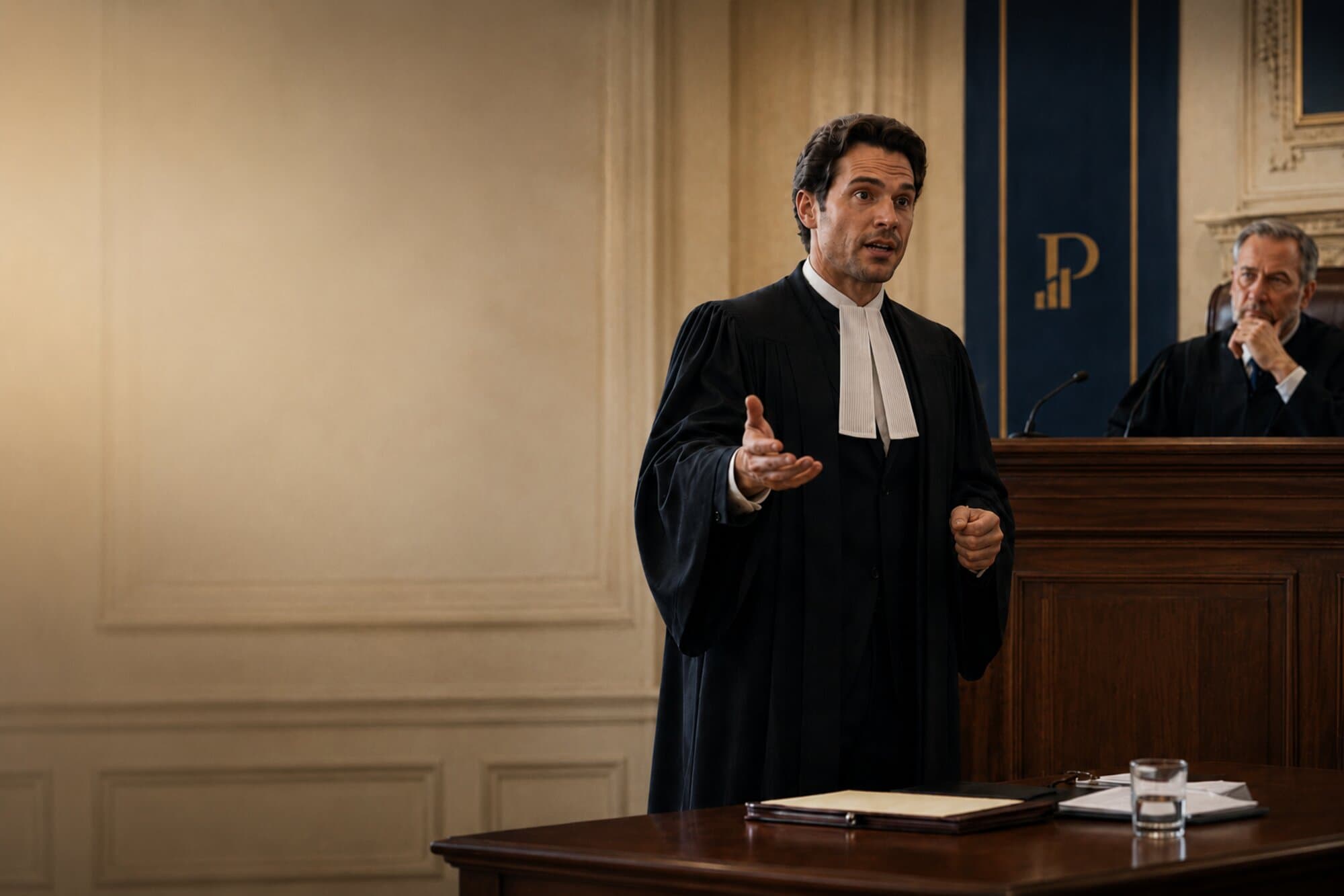 Un avocat en robe plaide dans une salle d'audience, symbole de la rigueur et de l'expertise des professions libérales réglementées